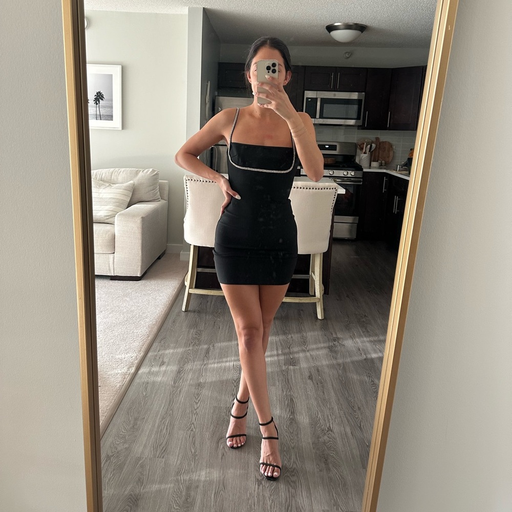 Superdown mini dress with rhinestone strap details.